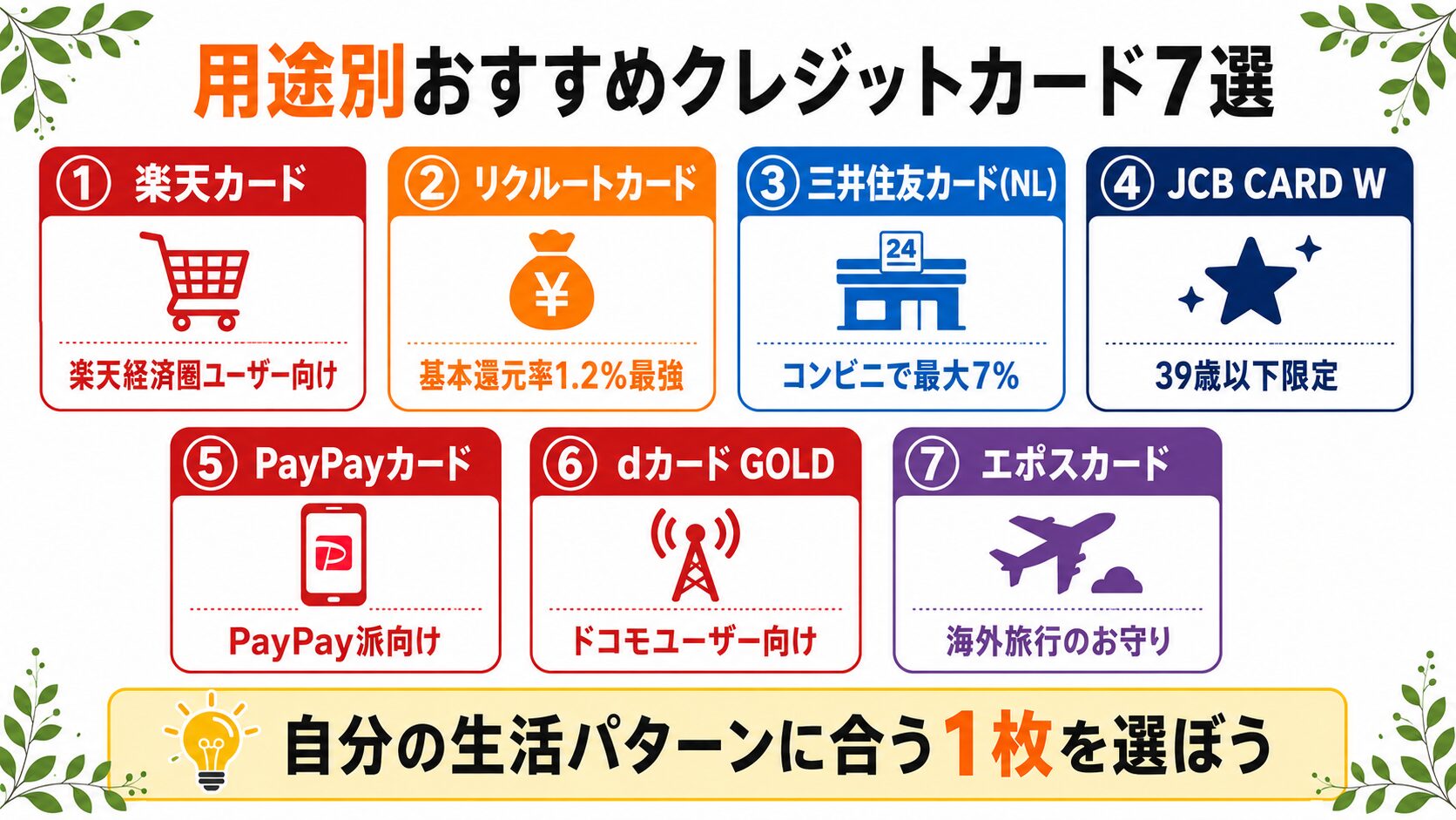 用途別おすすめクレジットカード7選のインフォグラフィック