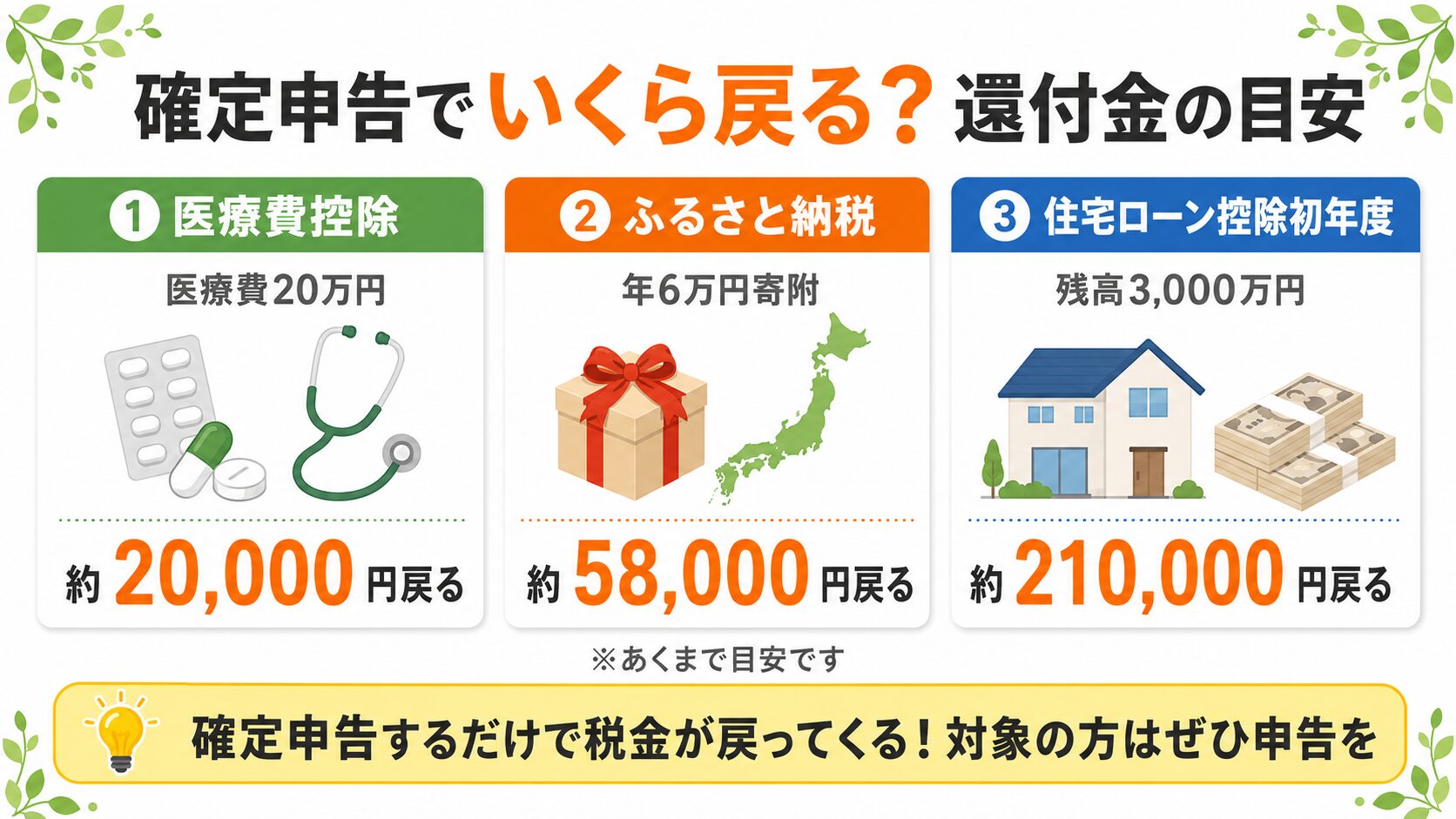 医療費・ふるさと納税・住宅ローン控除の還付金目安