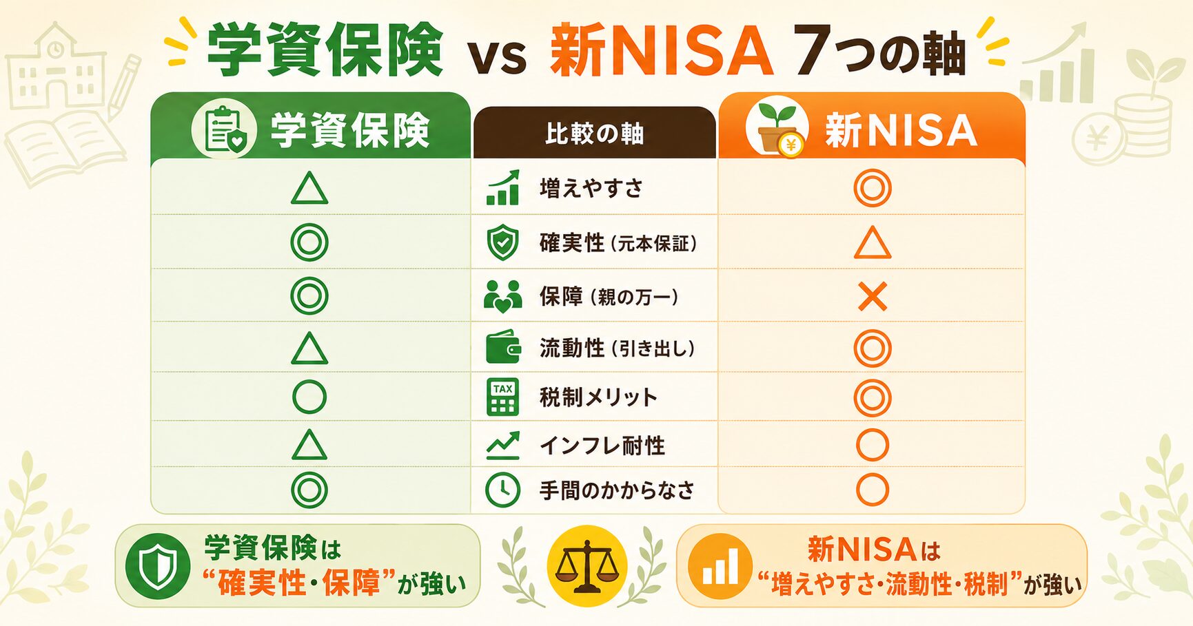 学資保険と新NISAを7つの軸で比較した表