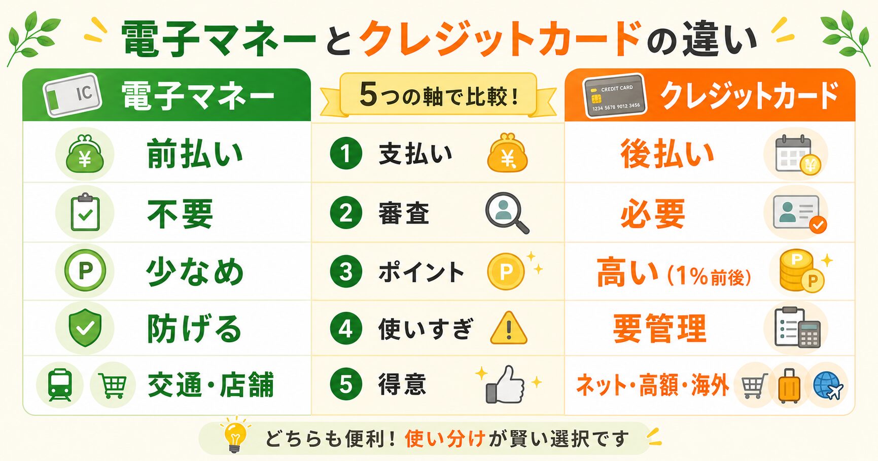電子マネーとクレジットカードの違いを5つの軸で比較