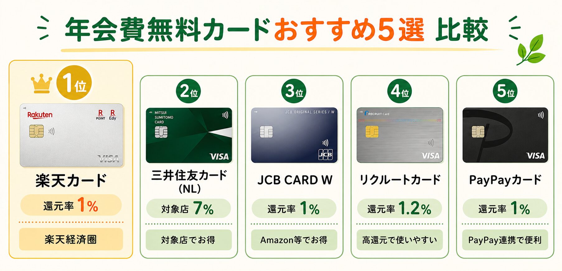 年会費無料カードおすすめ5選 比較 1位は楽天カード