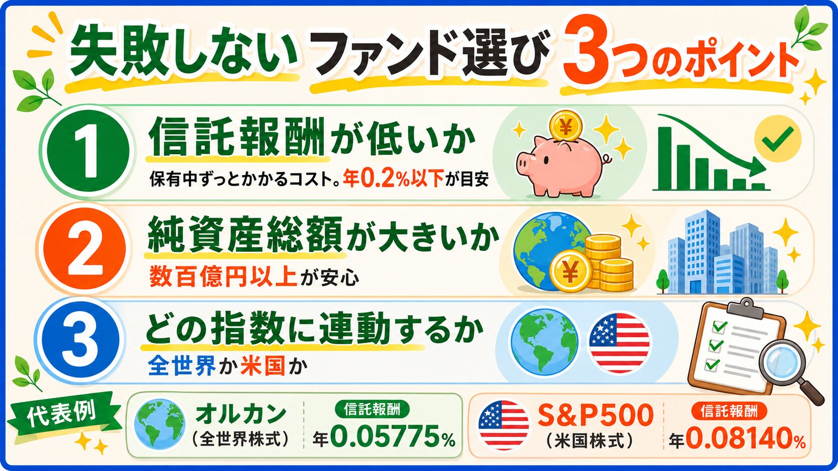 失敗しないインデックスファンド選び3つのポイント（信託報酬・純資産・連動指数）