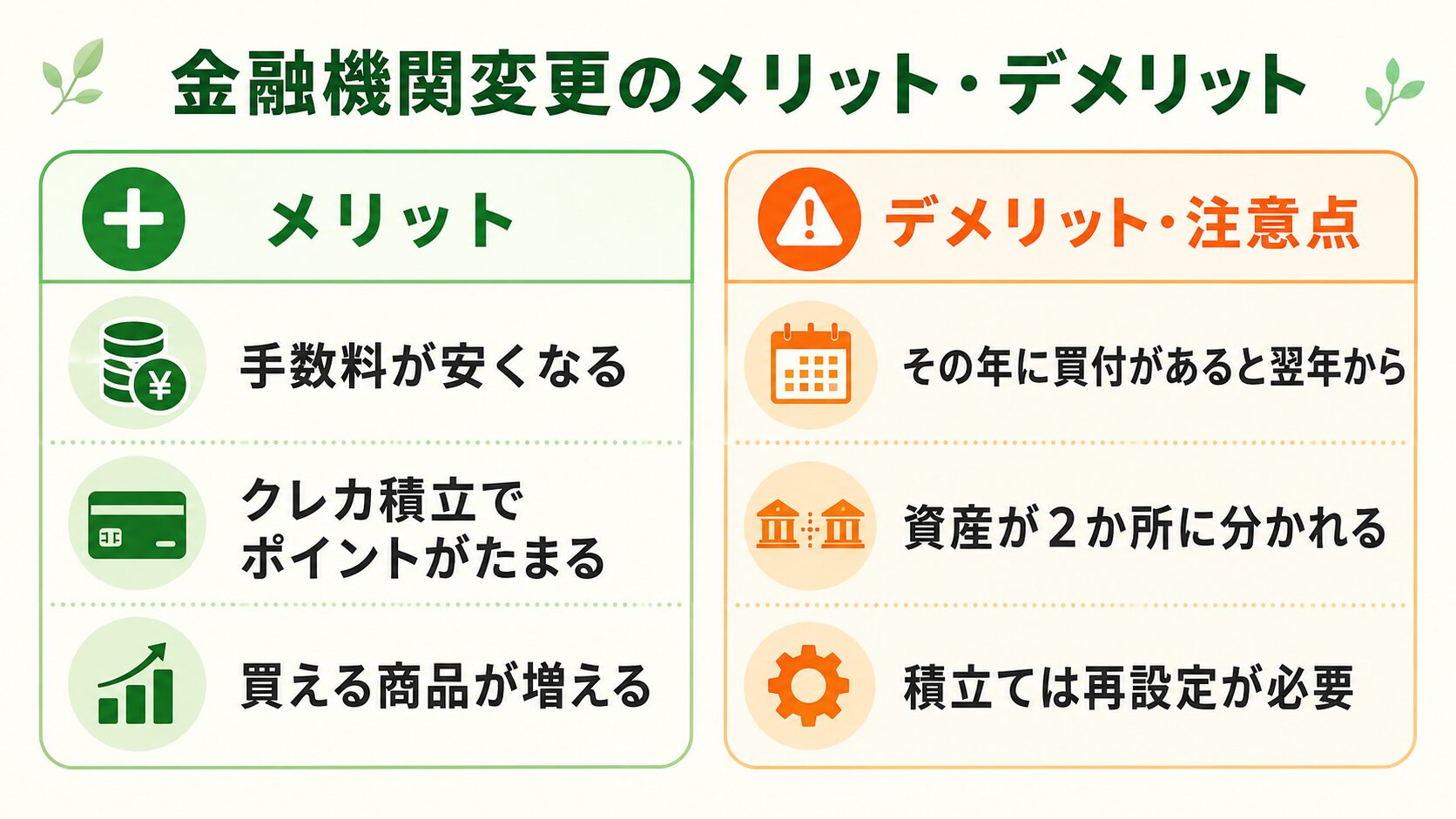 新NISA金融機関変更のメリットとデメリット早見図(手数料が安くなる・ポイントがたまる・商品が増える/タイミングに注意・資産が2か所・積立て再設定)