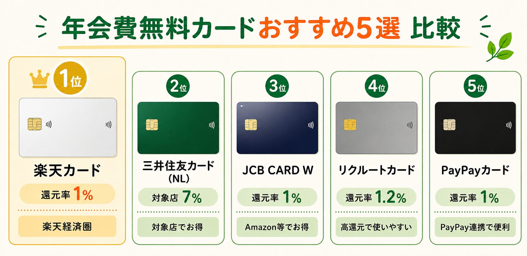 年会費無料カードおすすめ5選 比較 1位は楽天カード