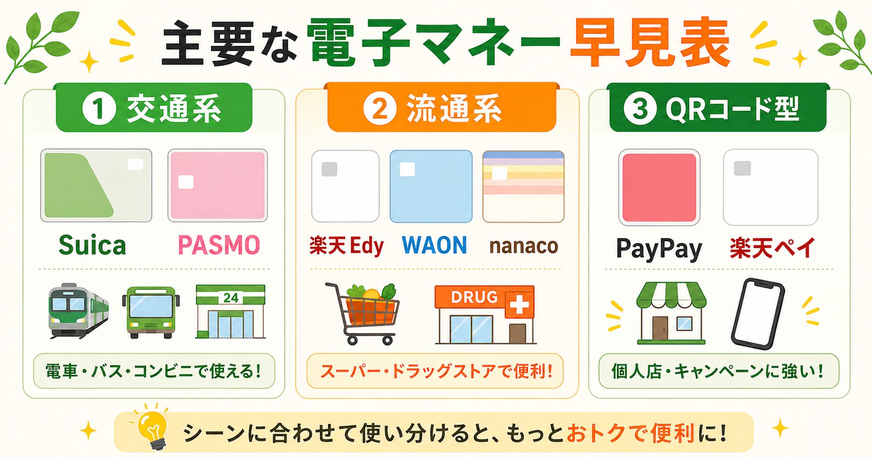 主要な電子マネー早見表(交通系・流通系・QRコード型)