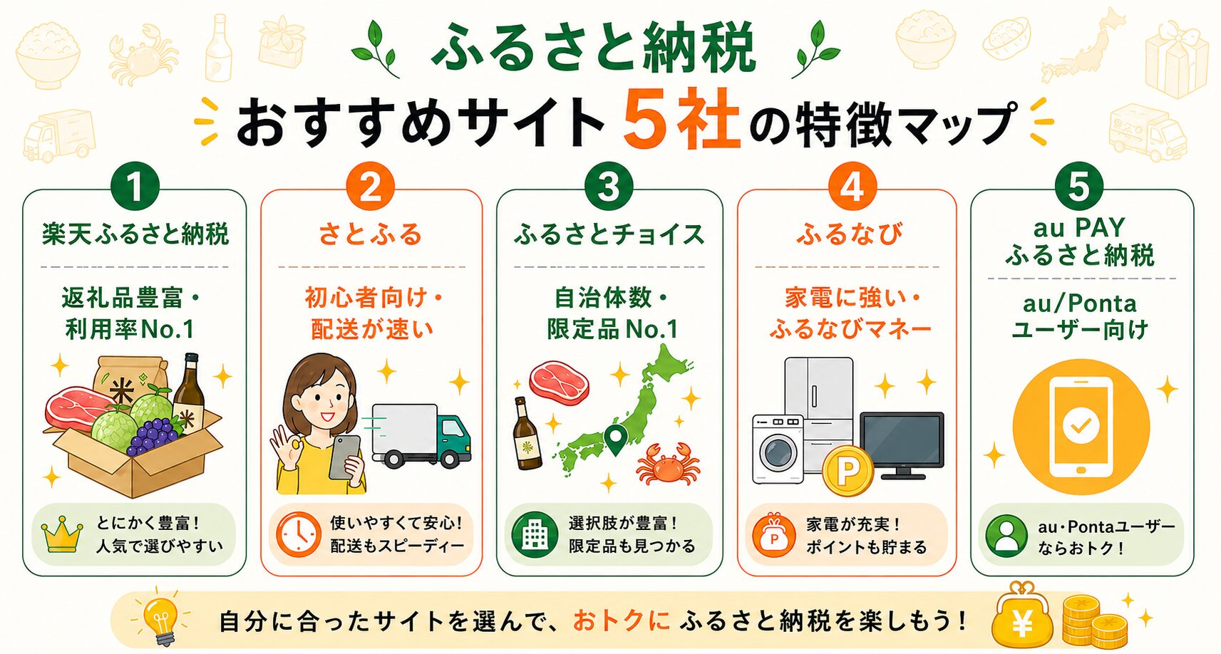 ふるさと納税おすすめサイト5社の特徴マップ