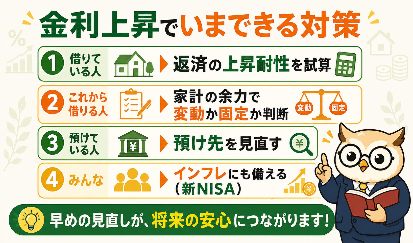 金利上昇でいまできる対策4つ（試算・変動か固定か・預け先見直し・インフレ対策）
