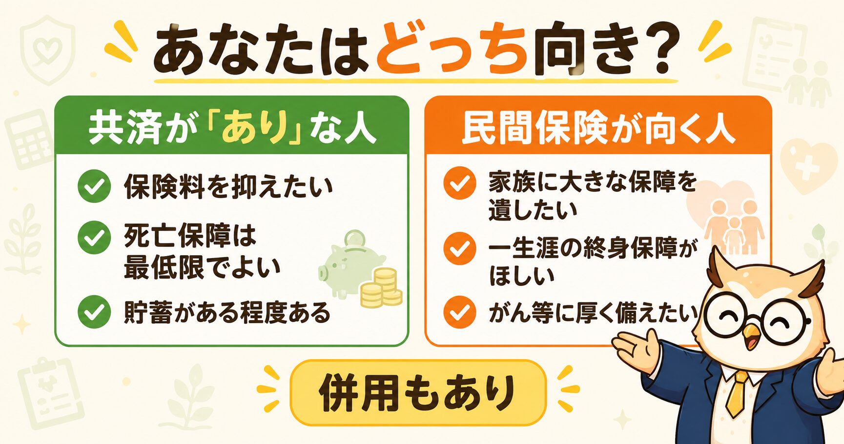 共済がありな人と民間保険が向く人のタイプ別判定（併用もあり）