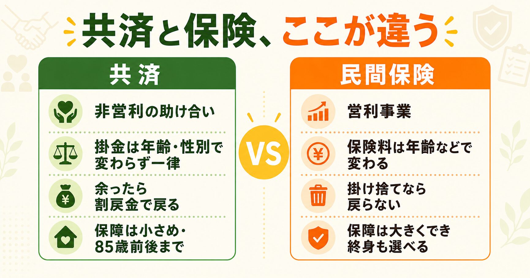 共済と民間保険の違い早見表（非営利・掛金一律・割戻金・保障の大きさ）