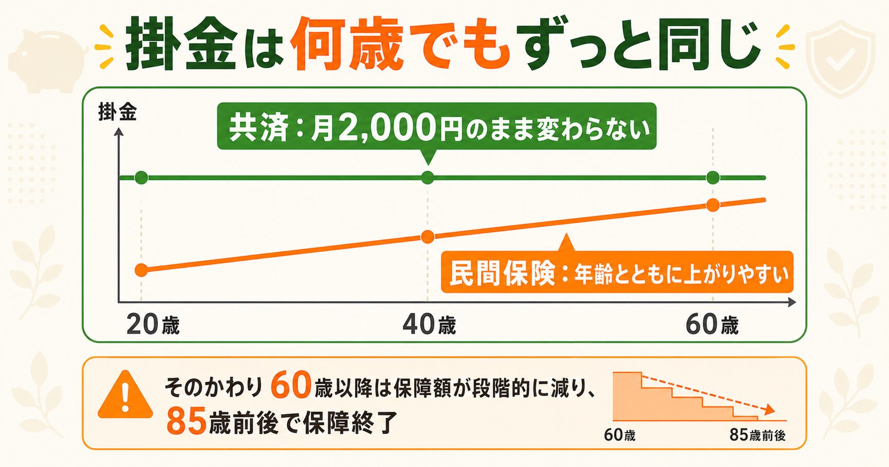 共済の掛金は何歳でも一律（民間保険は年齢とともに上がりやすい対比グラフ）