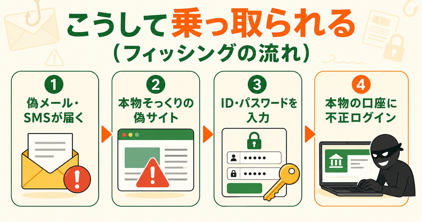 フィッシング詐欺で証券口座が乗っ取られるまでの4ステップ