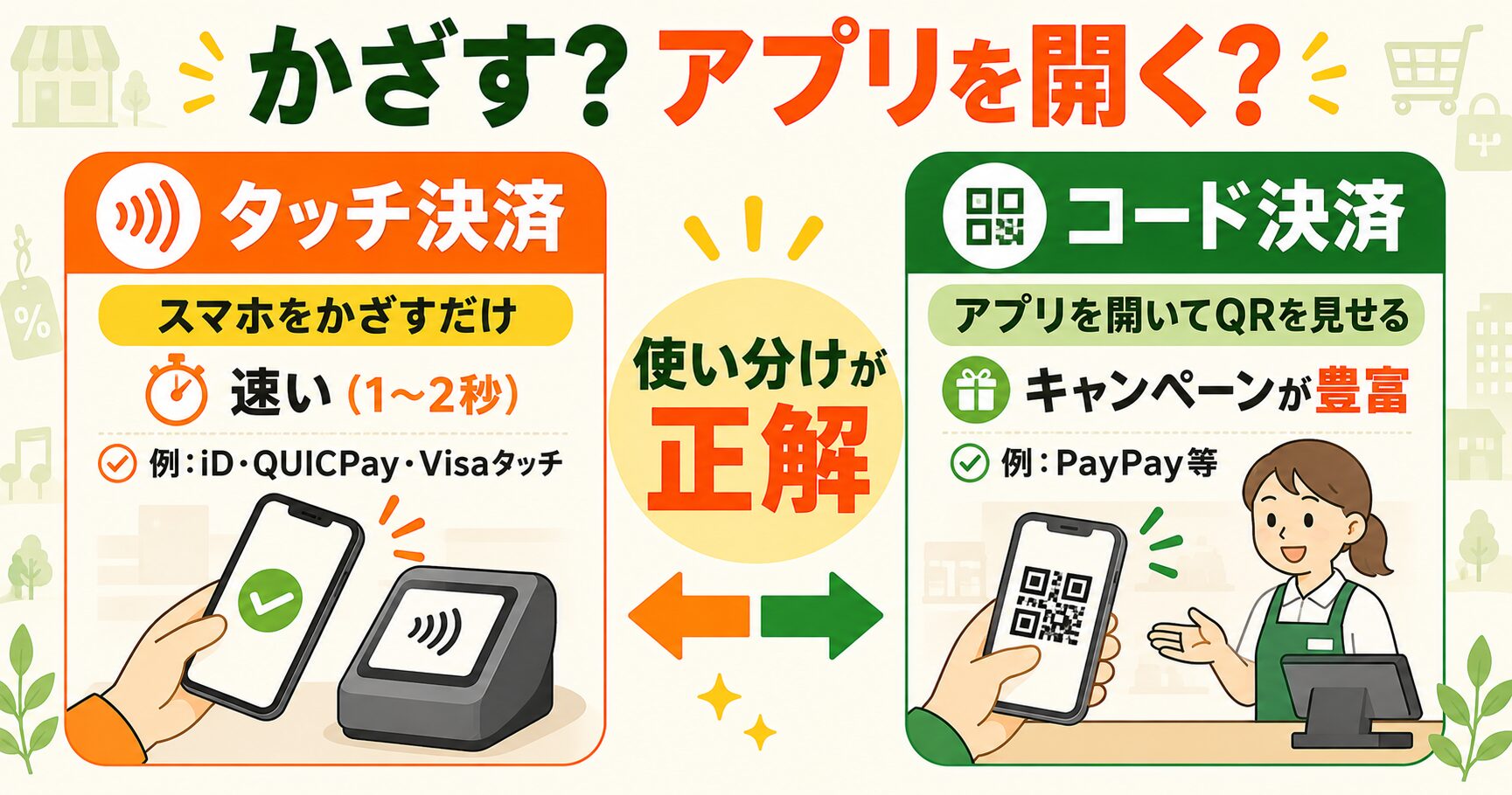 タッチ決済とコード決済の違い かざすかアプリを開くか