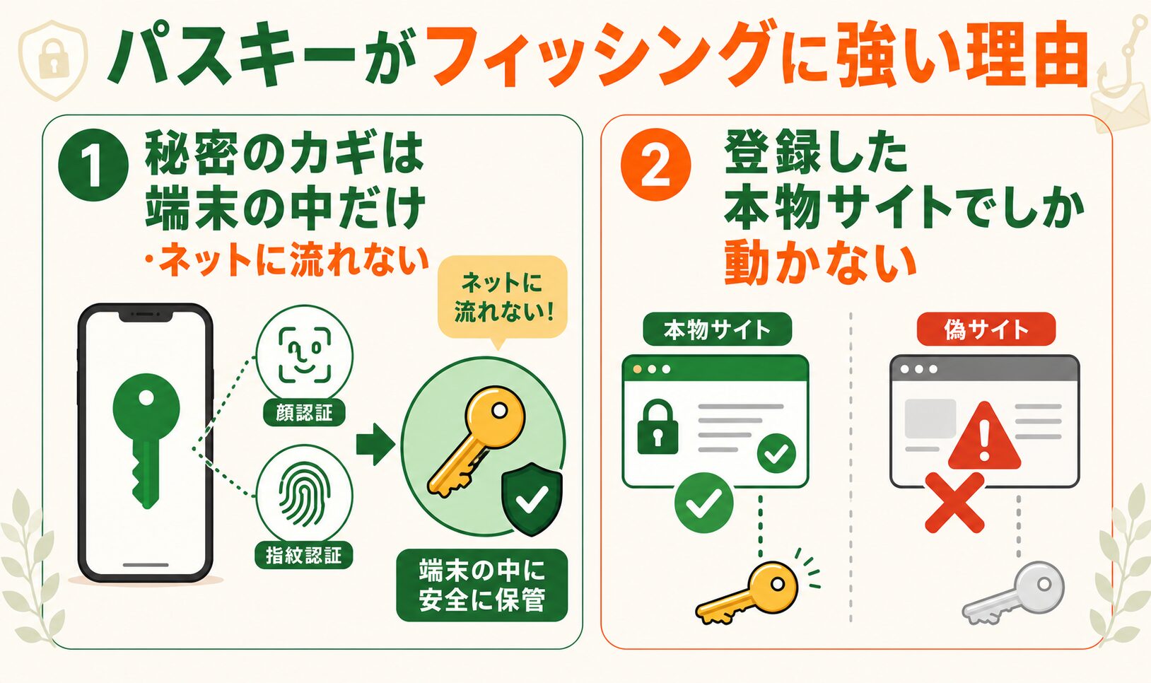 パスキーがフィッシングに強い理由(秘密のカギは端末内・本物サイトでしか動かない)