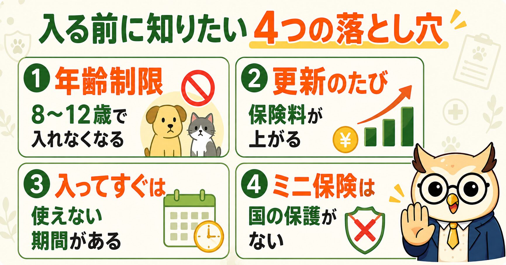 ペット保険の4つの落とし穴|年齢制限・更新時の値上がり・待機期間・国の保護なし