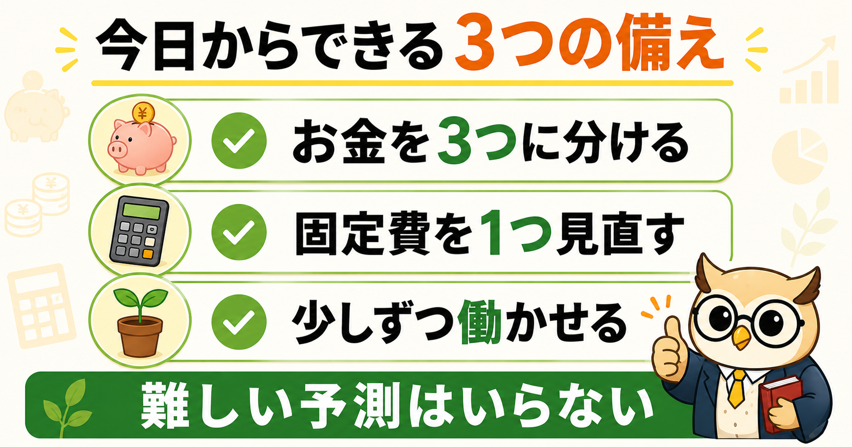 今日からできる3つの備え｜お金を3つに分ける・固定費を1つ見直す・少しずつ働かせる