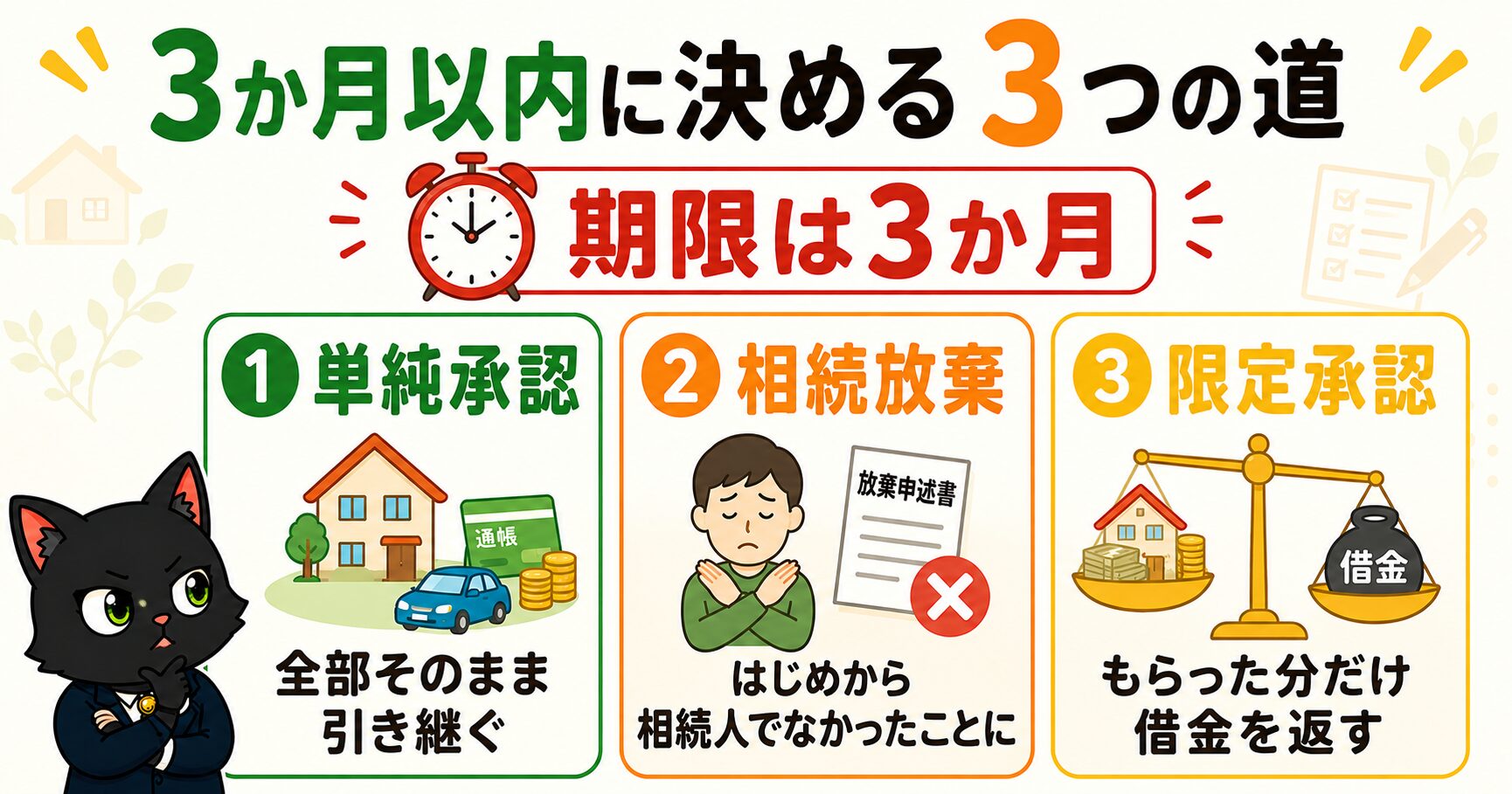 3か月以内に決める3つの道の図(単純承認・相続放棄・限定承認)
