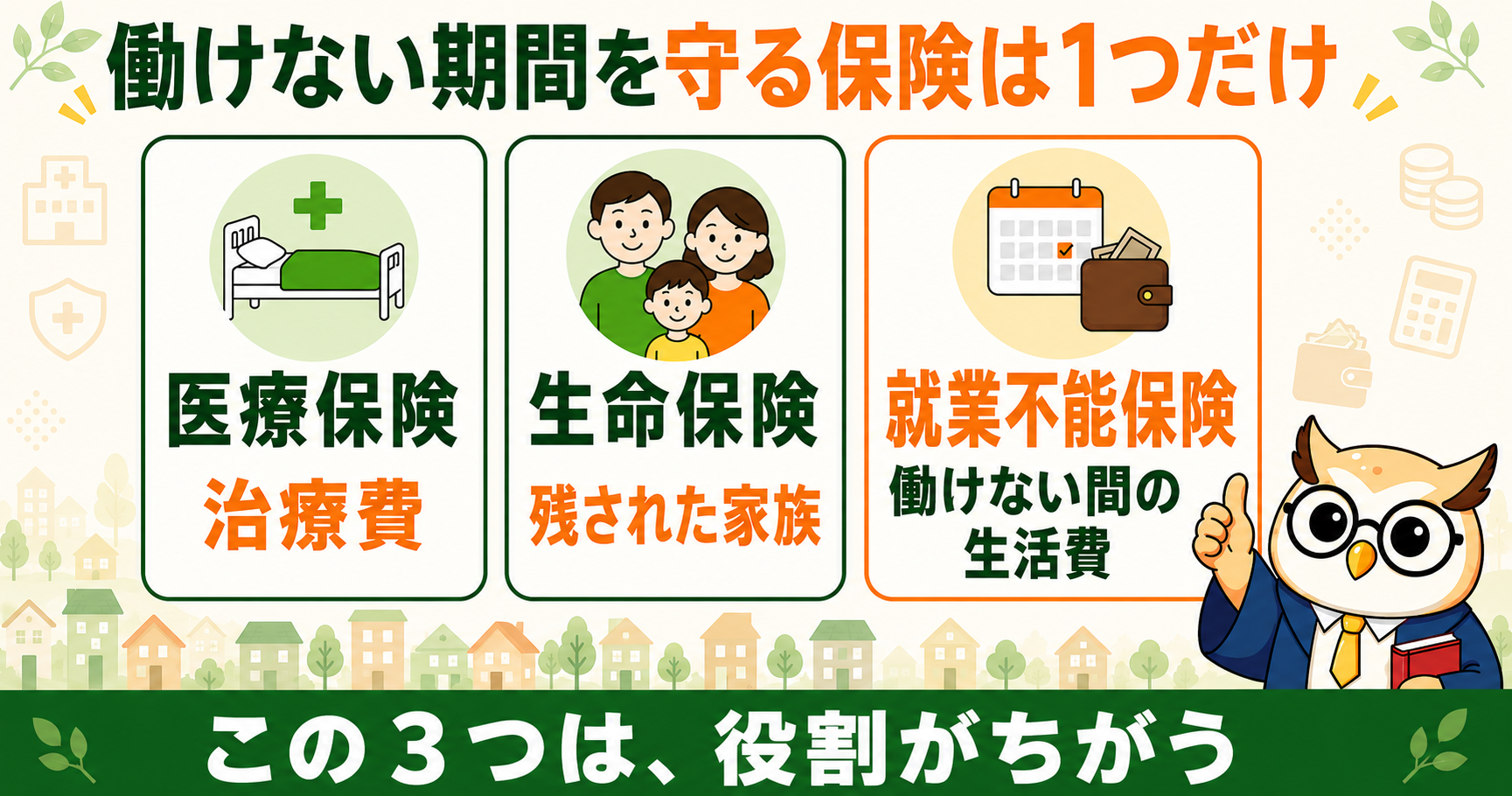 医療保険・生命保険・就業不能保険の役割のちがい｜働けない間の生活費を守るのは就業不能保険