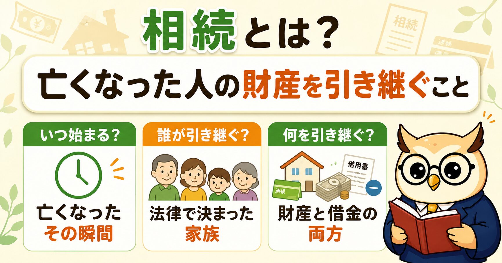 相続とは何かの図解(いつ始まるか・誰が引き継ぐか・何を引き継ぐか)