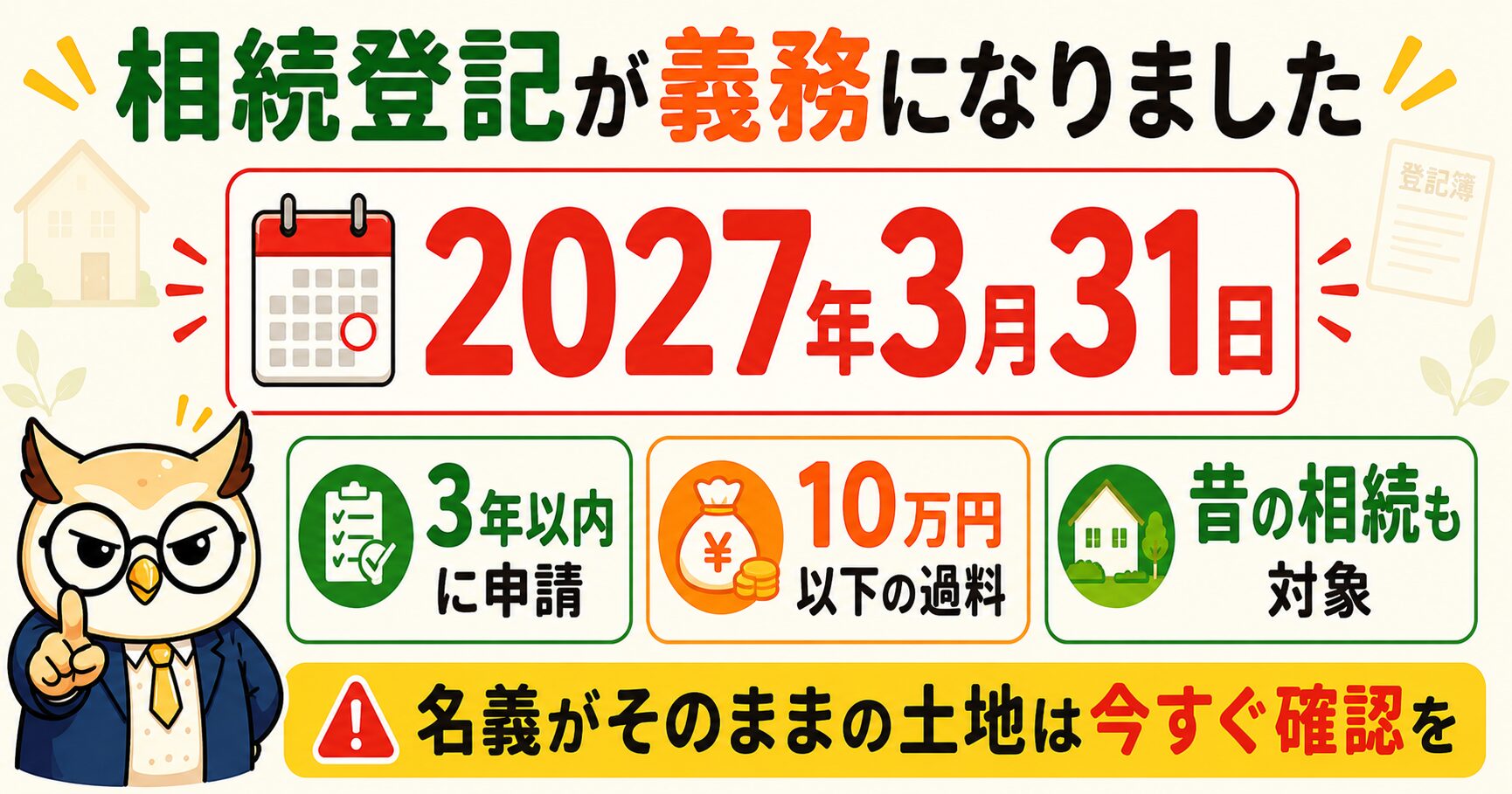 相続登記の義務化と2027年3月31日の期限を示す図