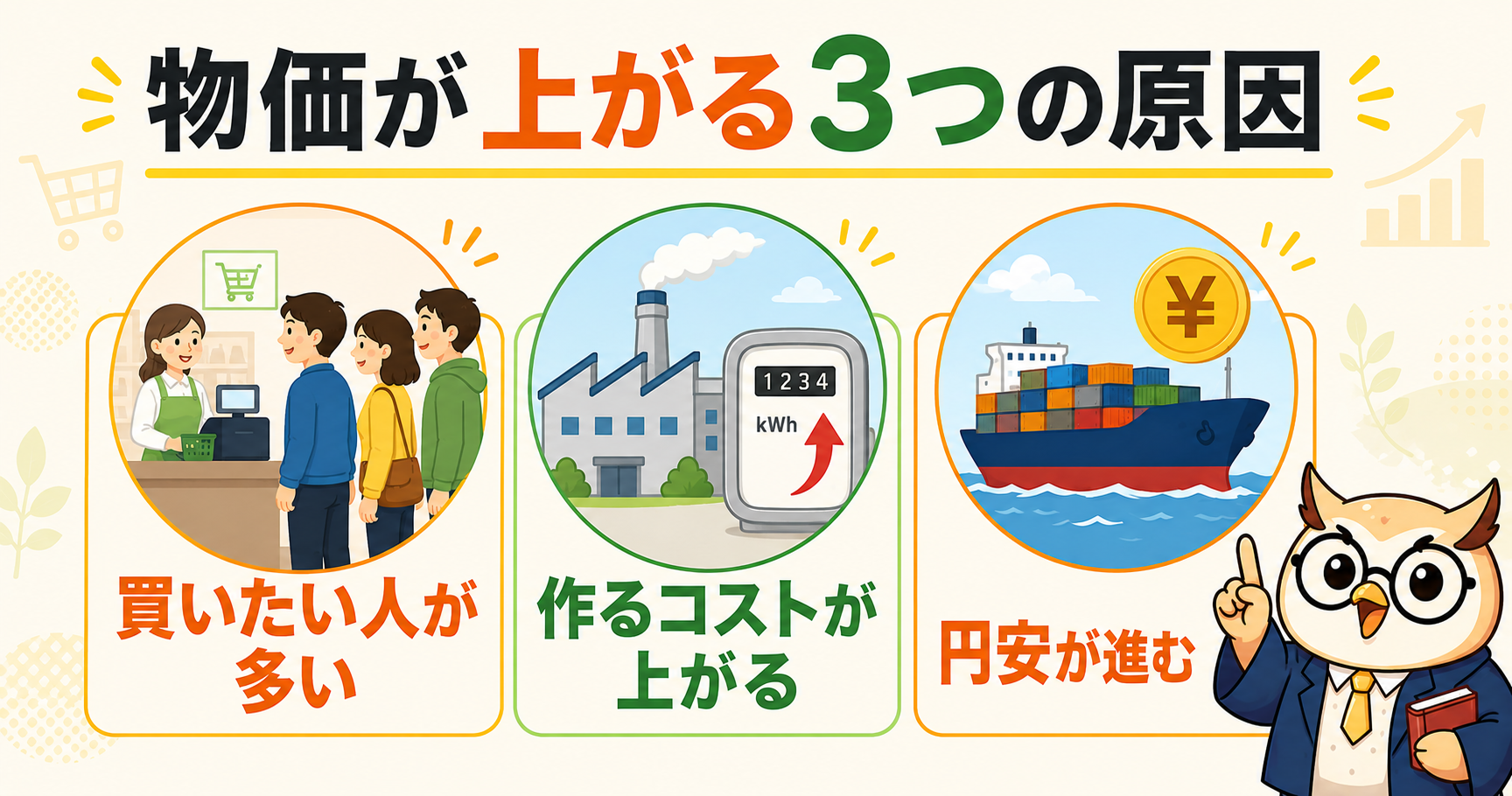 物価が上がる3つの原因｜買いたい人が多い・作るコストが上がる・円安が進む
