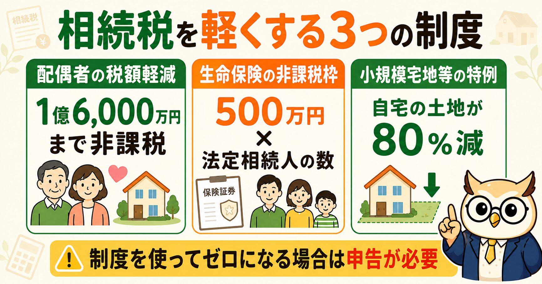 相続税を軽くする3つの制度(配偶者の税額軽減・生命保険の非課税枠・小規模宅地等の特例)