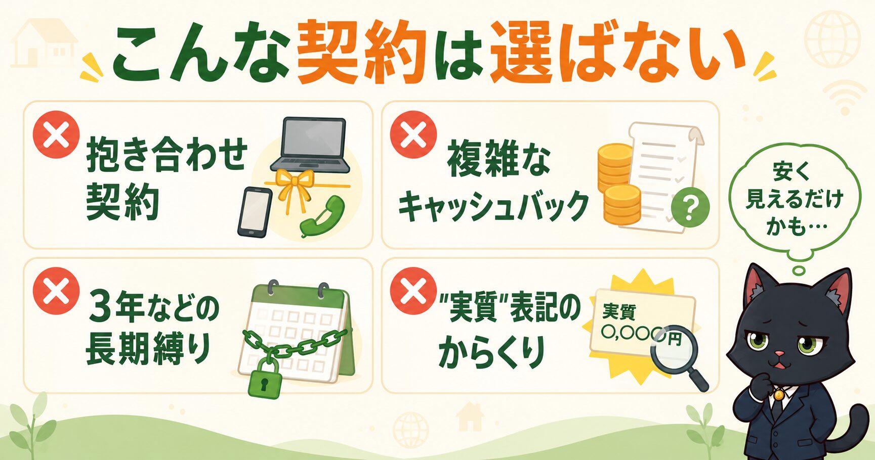 抱き合わせ契約・複雑なキャッシュバック・3年などの長期縛り・実質表記のからくり