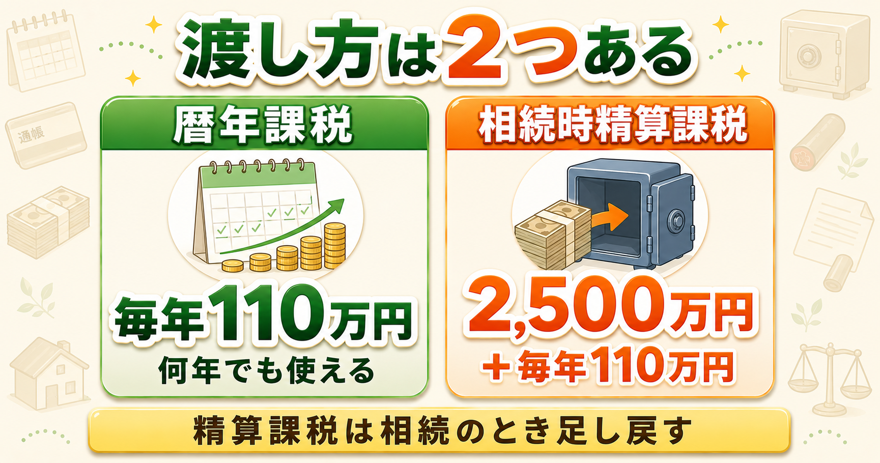 暦年課税は毎年110万円、相続時精算課税は2,500万円＋毎年110万円