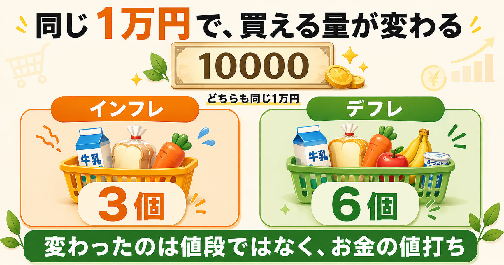 同じ1万円で買える量が変わる｜インフレは3個・デフレは6個