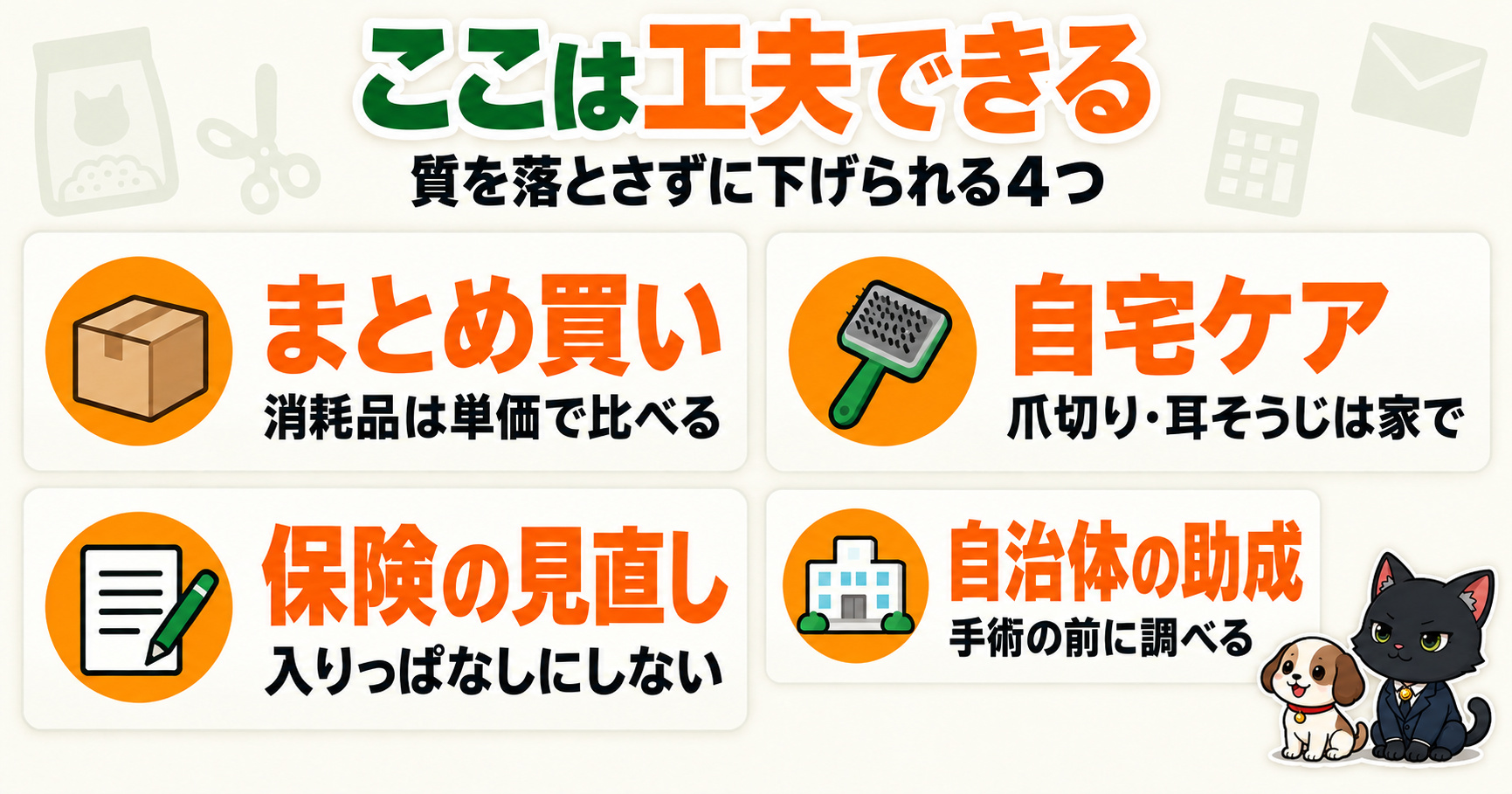 工夫で下げられる4つ｜まとめ買い・自宅ケア・保険の見直し・自治体の助成