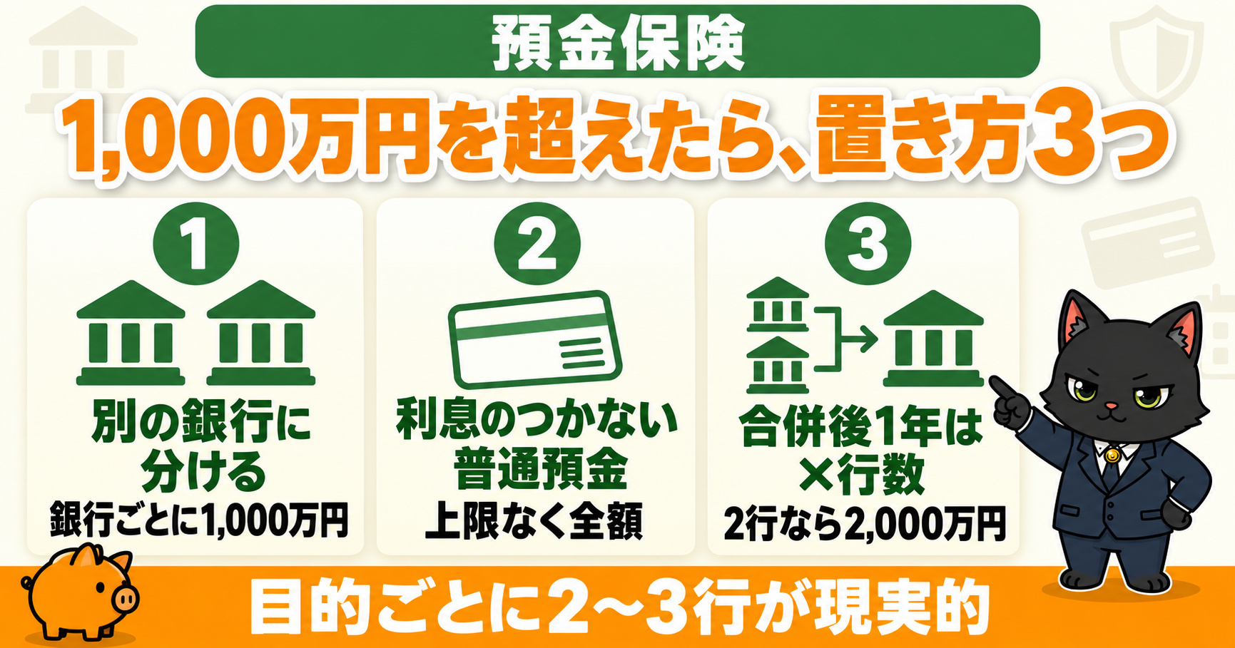 1,000万円を超えたときの置き方3つ｜別の銀行に分ける・利息のつかない普通預金・合併後1年は1,000万円×行数