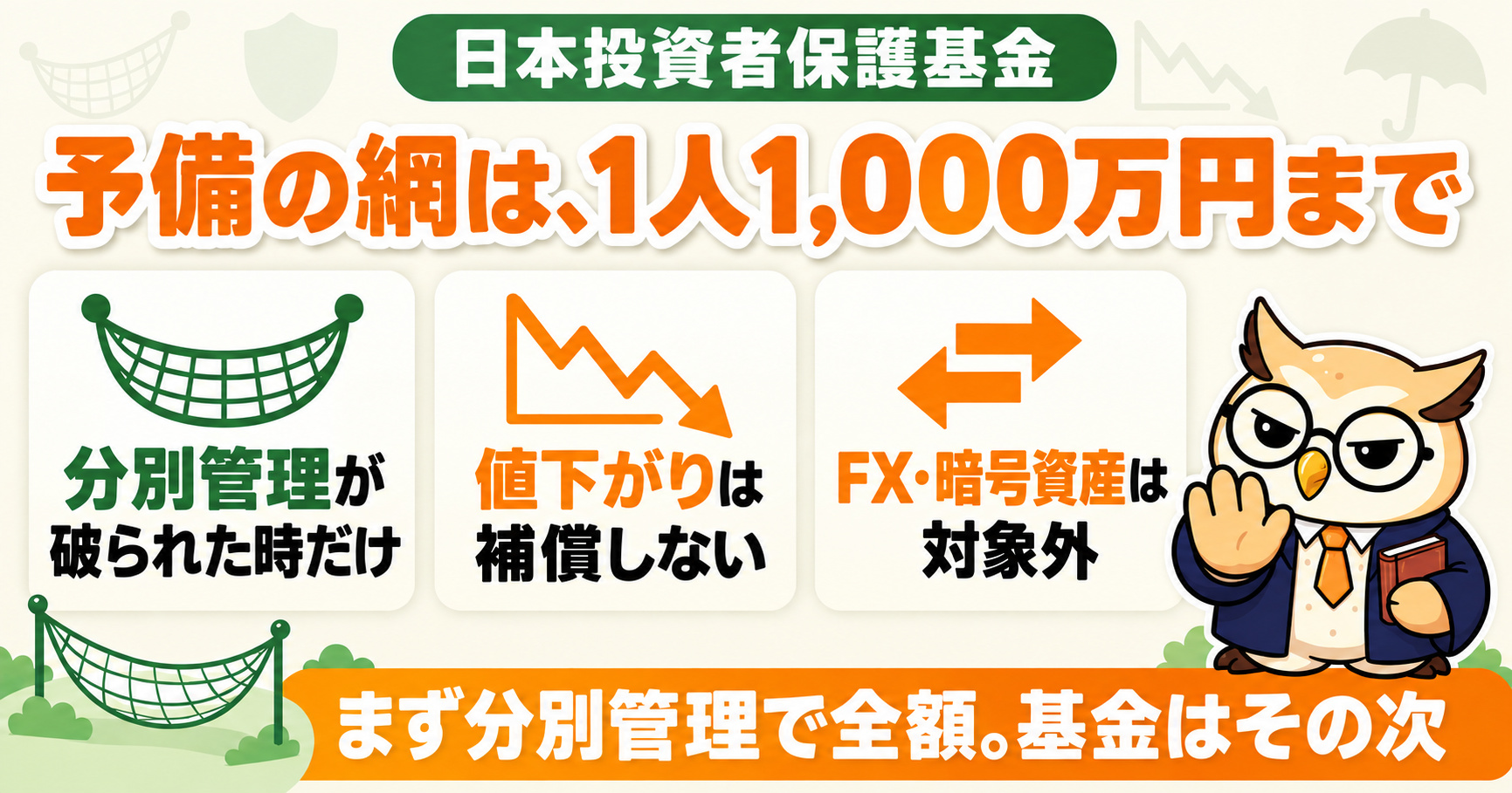 日本投資者保護基金は予備の網｜分別管理が破られた時だけ1人1,000万円まで、値下がりは補償しない、FX・暗号資産は対象外