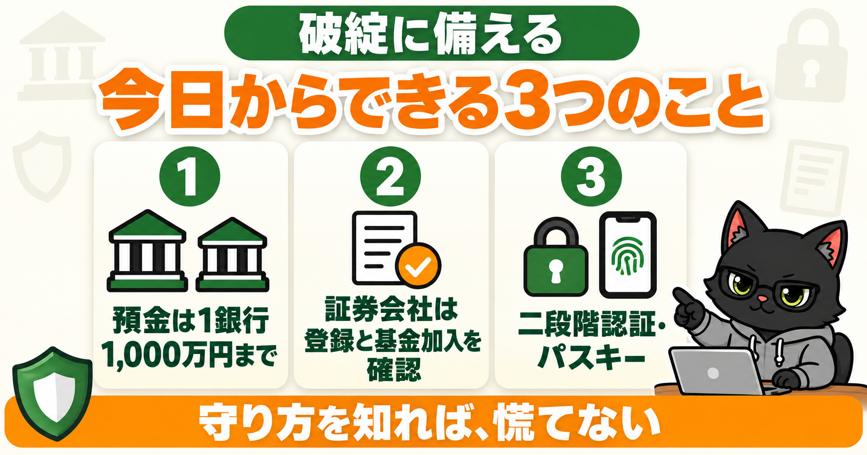 破綻に備えて今日からできる3つのこと｜預金は1銀行1,000万円まで・証券会社は登録と基金加入を確認・二段階認証とパスキー