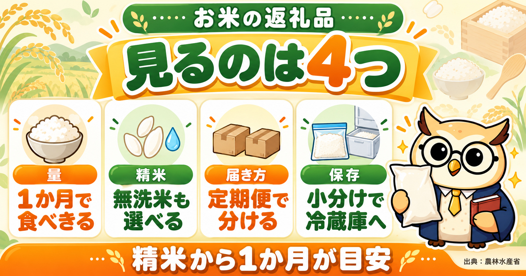 お米の返礼品で見るのは4つ：量・精米・届き方・保存。精米から1か月が目安
