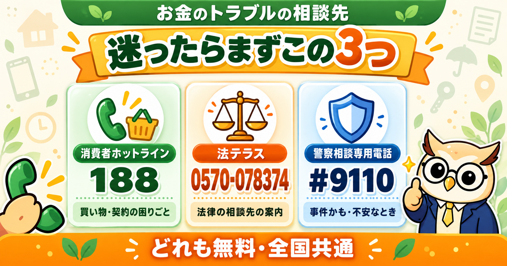 お金のトラブルで迷ったらまずこの3つ｜消費者ホットライン188・法テラス・警察相談専用電話#9110