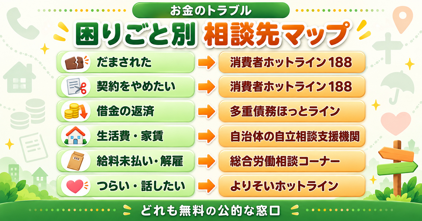 困りごと別の相談先マップ｜詐欺・契約・借金・生活費・仕事・心の悩み
