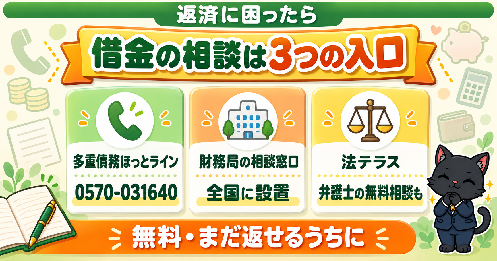 借金の相談は3つの入口｜多重債務ほっとライン・財務局の相談窓口・法テラス