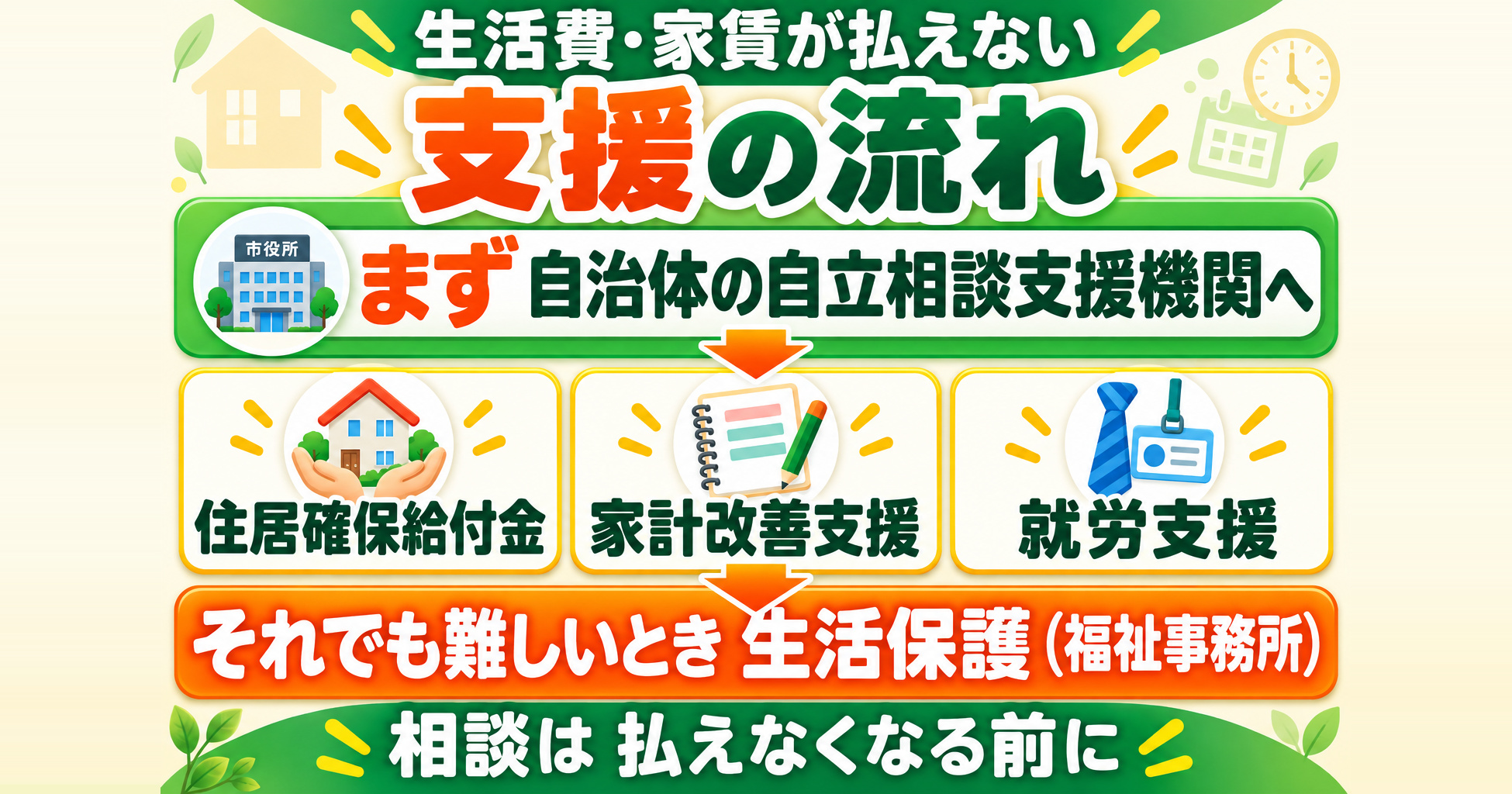 生活費・家賃が払えないときの支援の流れ｜自立相談支援機関から住居確保給付金・生活保護まで