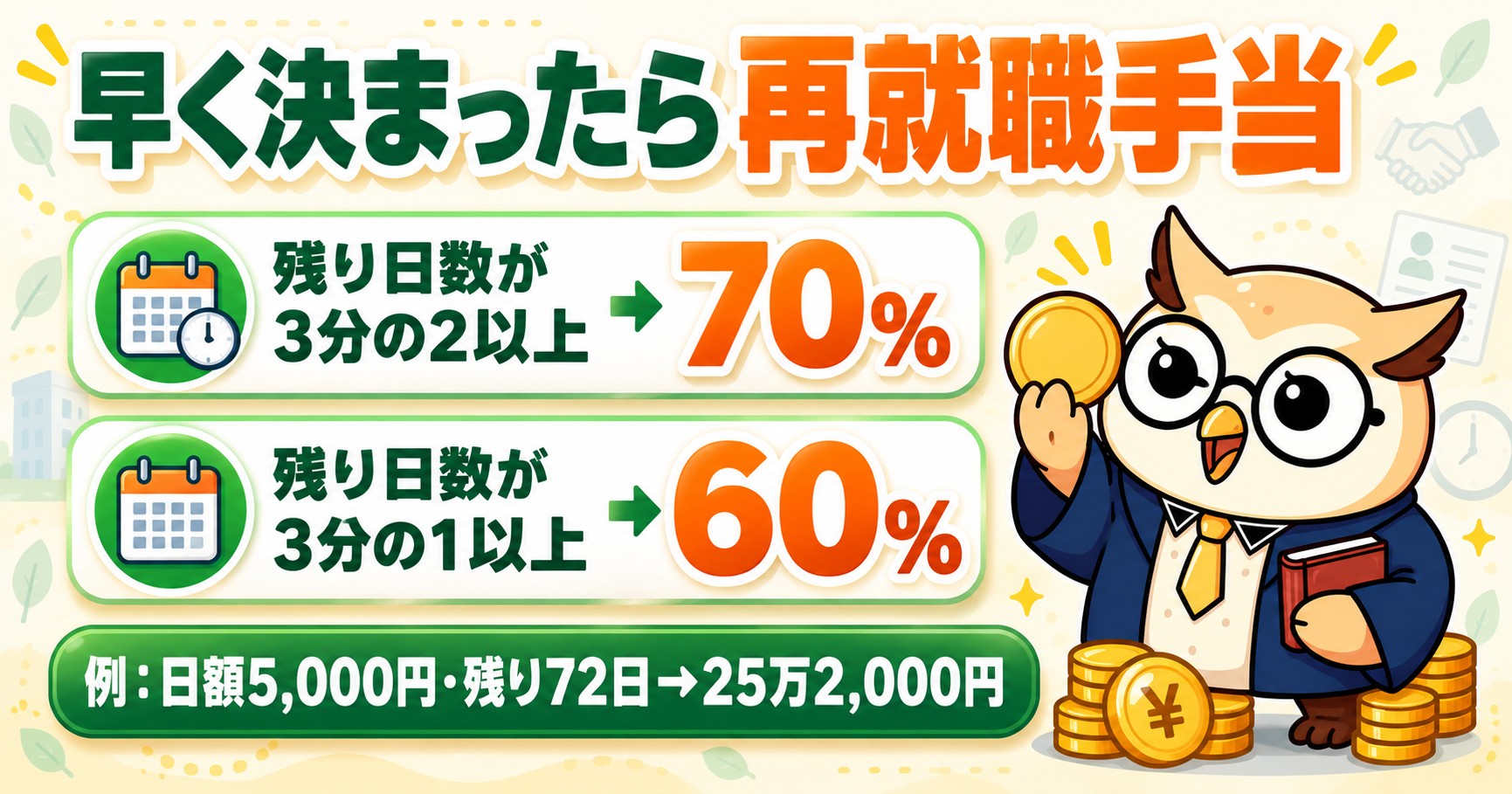 再就職手当の支給率（残り日数3分の2以上で70%・3分の1以上で60%）