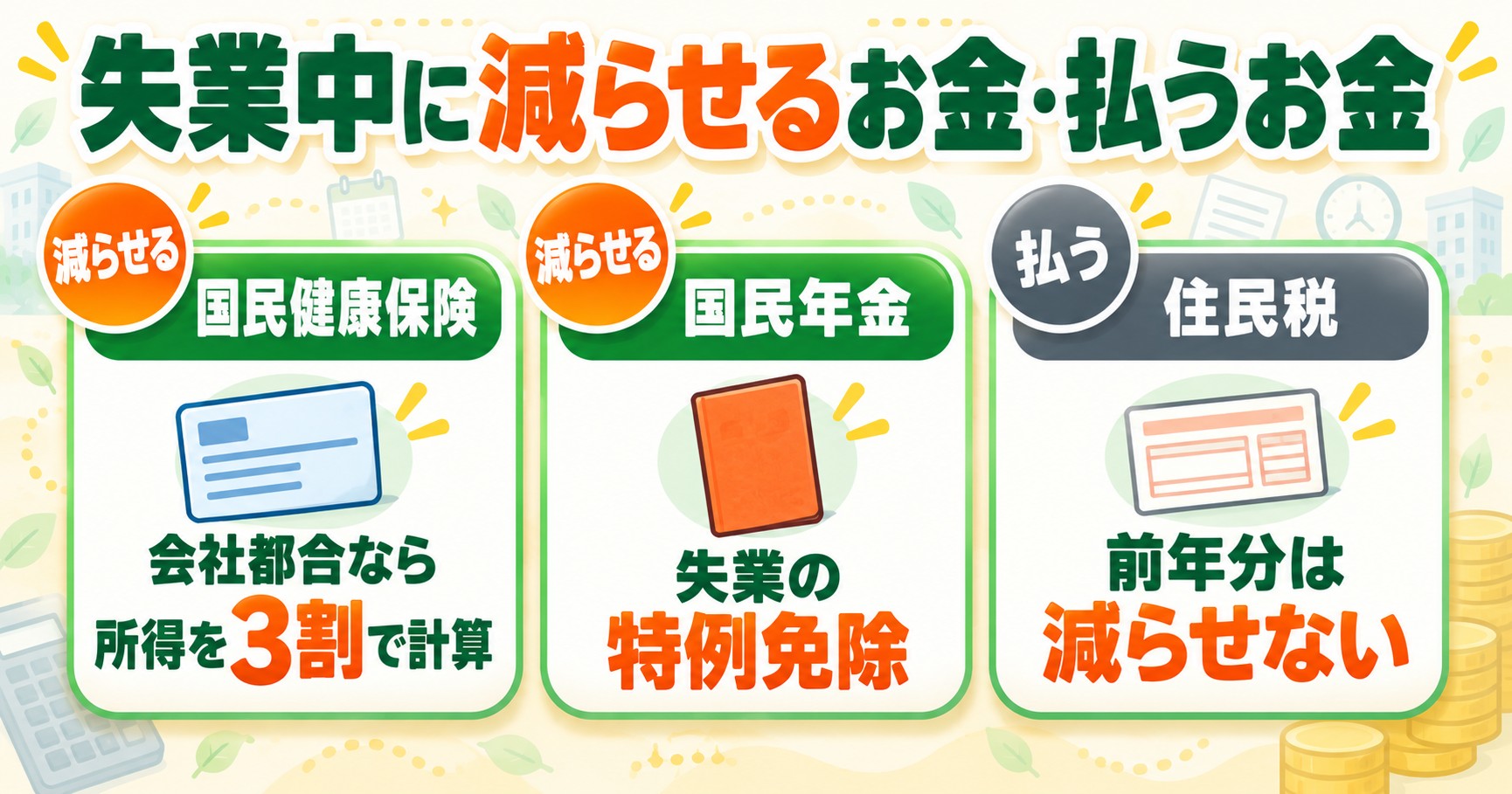 失業中に減らせるお金と払うお金（国民健康保険・国民年金・住民税）