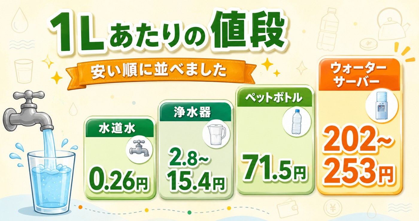 水1Lあたりの値段｜水道水0.26円・浄水器2.8〜15.4円・ペットボトル71.5円・ウォーターサーバー202〜253円