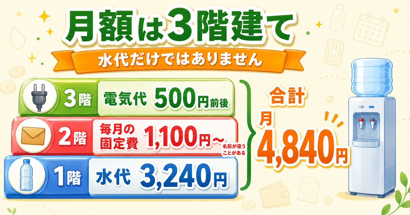 ウォーターサーバーの月額は3階建て｜水代3,240円＋固定費1,100円＋電気代500円＝月4,840円