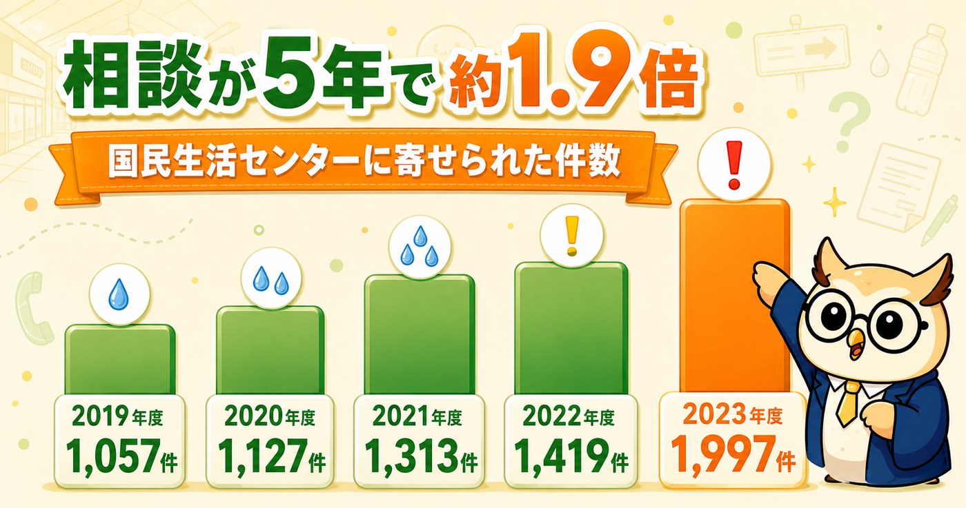 ウォーターサーバーの相談件数の推移｜2019年度1,057件から2023年度1,997件へ約1.9倍