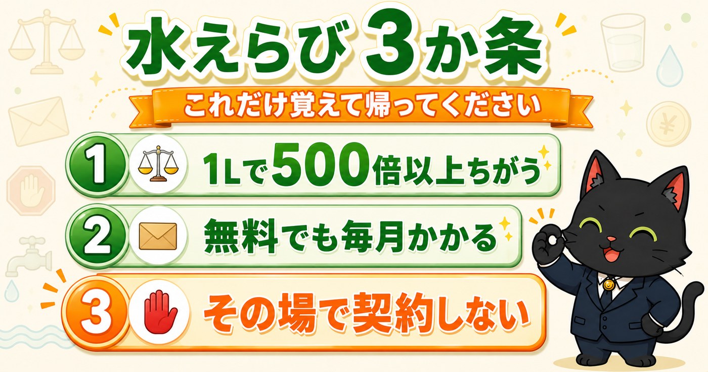 水えらび3か条｜1Lで500倍以上ちがう・無料でも毎月かかる・その場で契約しない