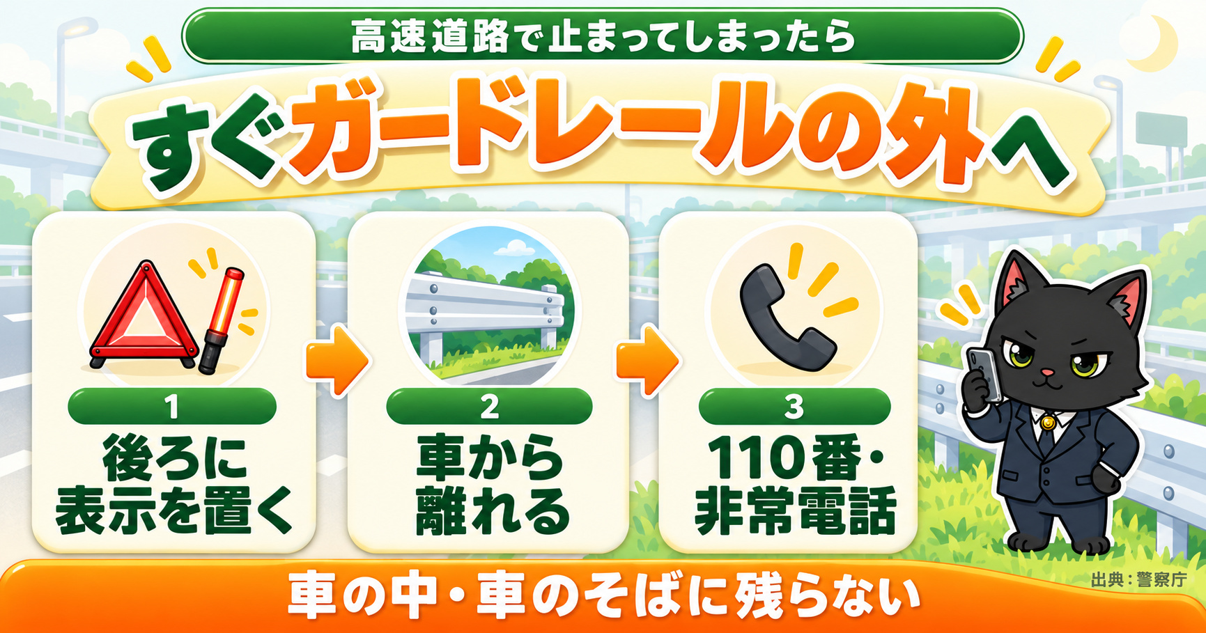高速道路で止まってしまったら、すぐガードレールの外へ｜1 後ろに表示を置く、2 車から離れる、3 110番・非常電話。車の中・車のそばに残らない