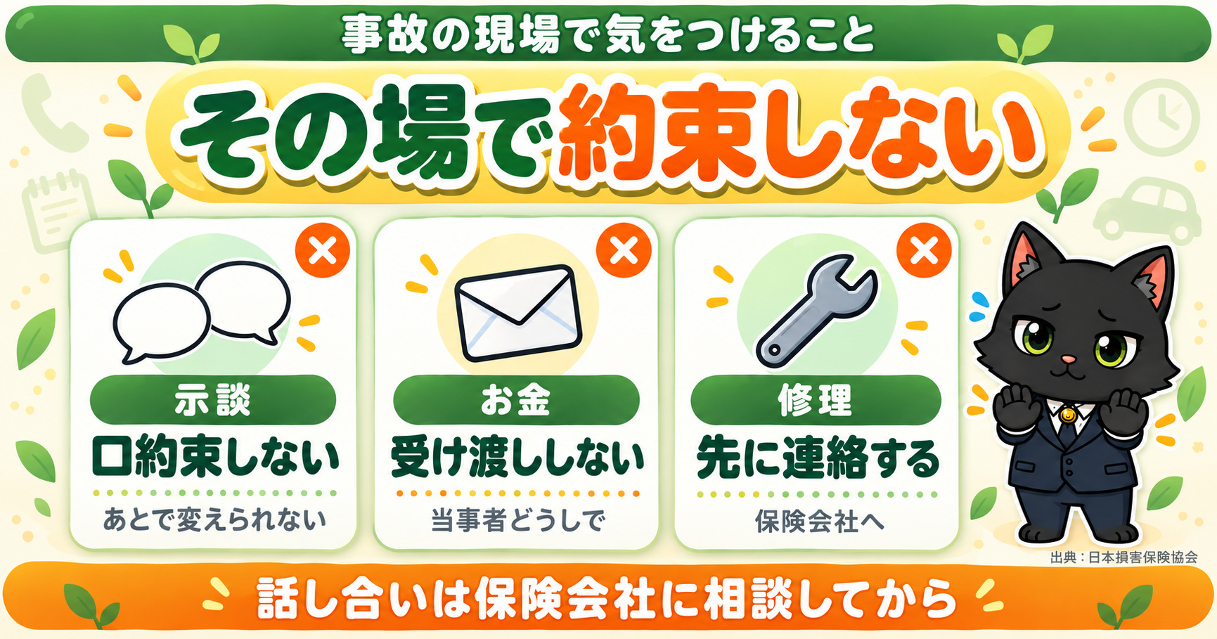 事故の現場ではその場で約束しない｜示談は口約束しない、お金は当事者どうしで受け渡ししない、修理は先に保険会社へ連絡する。話し合いは保険会社に相談してから