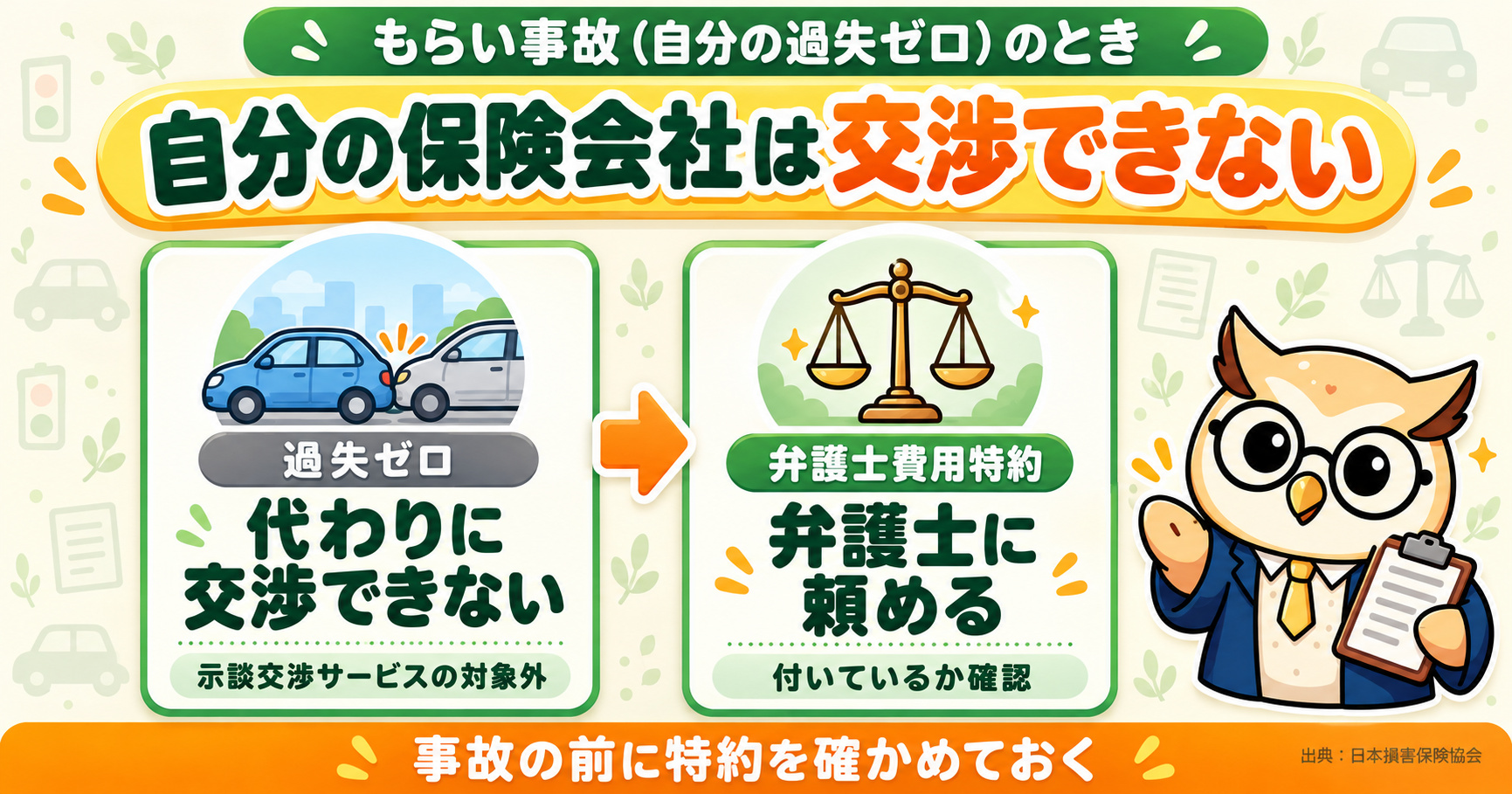 もらい事故（自分の過失ゼロ）のとき、自分の保険会社は交渉できない｜過失ゼロ＝示談交渉サービスの対象外、弁護士費用特約＝弁護士に頼める。事故の前に特約を確かめておく