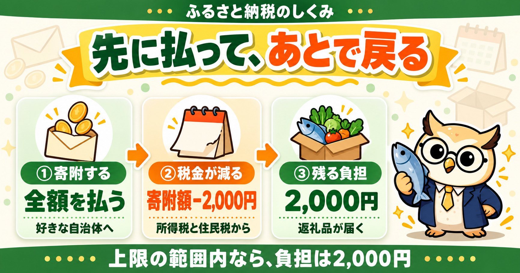 ふるさと納税のしくみ|先に払って、あとで戻る。寄附額−2,000円が所得税と住民税から減り、上限の範囲内なら負担は2,000円