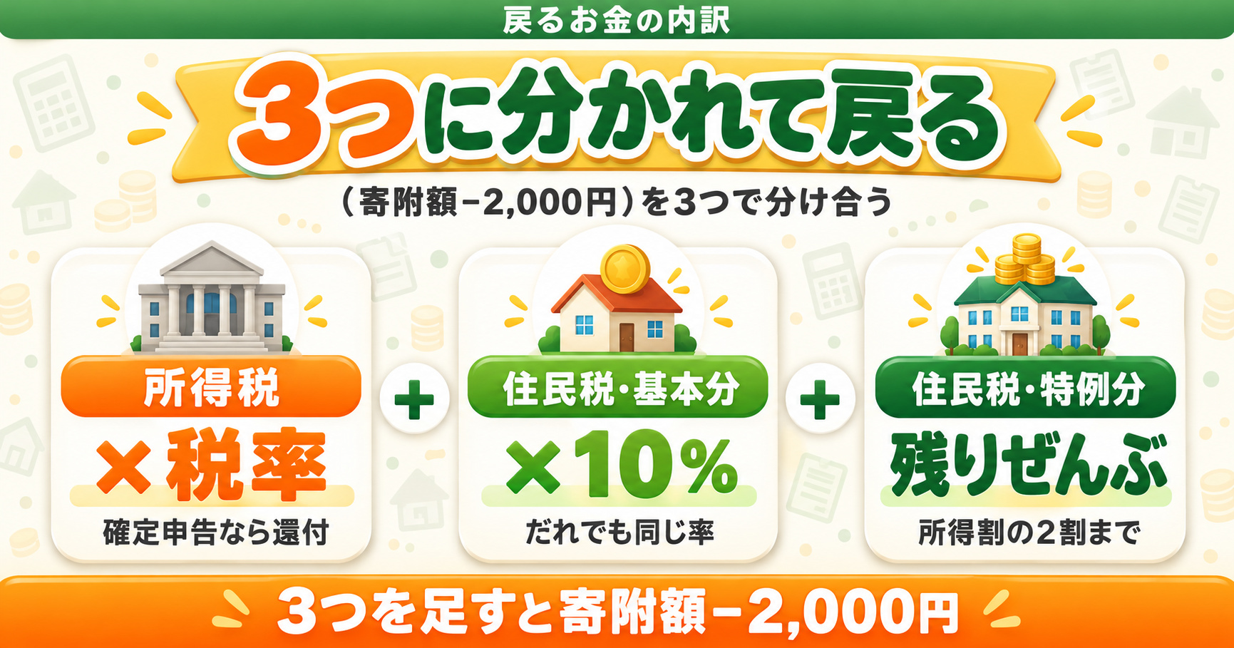戻るお金は3つに分かれる|所得税(×税率)・住民税の基本分(×10%)・住民税の特例分(残りぜんぶ・所得割の2割まで)